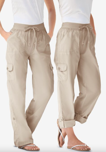 Side-by-side comparison of beige cargo pants, converted to a capri length.