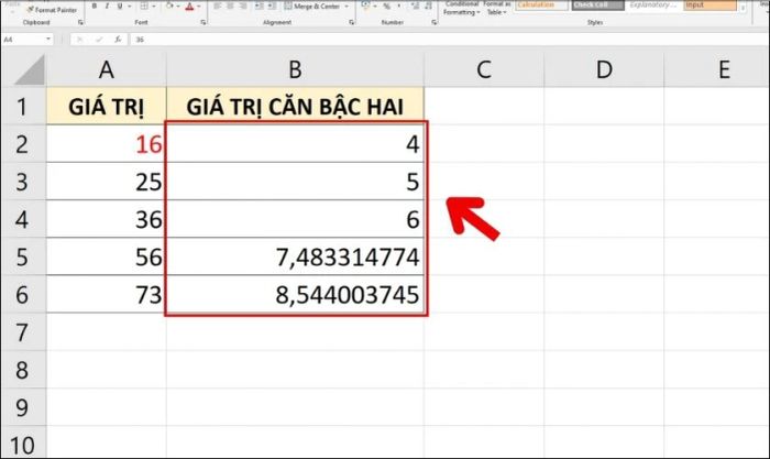 Kết quả tính toán căn bậc hai trong bảng tính Excel