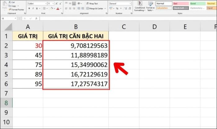 Kết quả tính toán khi áp dụng công thức SQRTPI để tính căn bậc hai