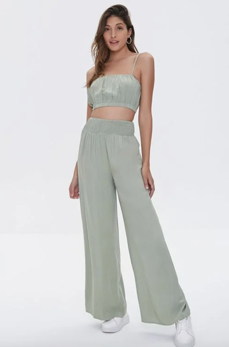 The full set of the crop top and wide-leg pants ensemble.