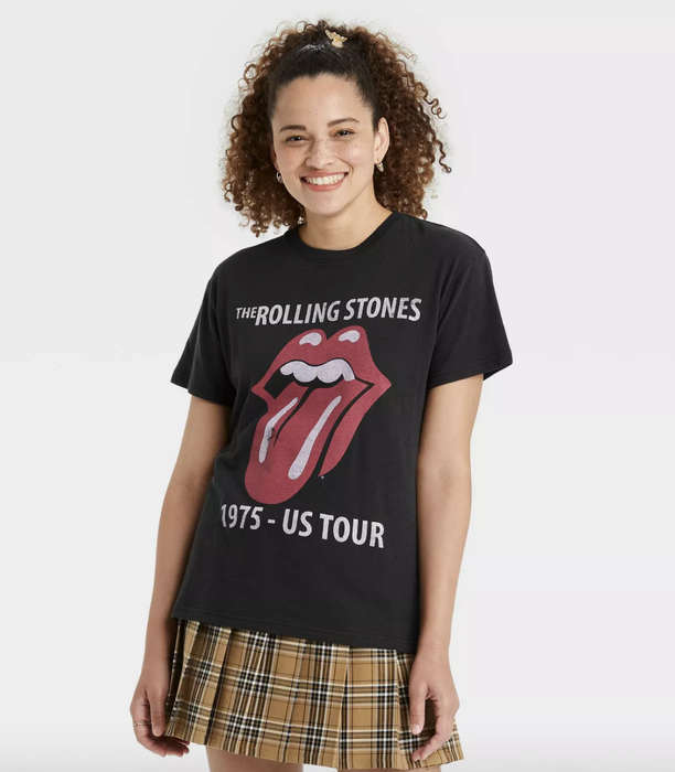 A model is wearing the black Rolling Stones shirt.