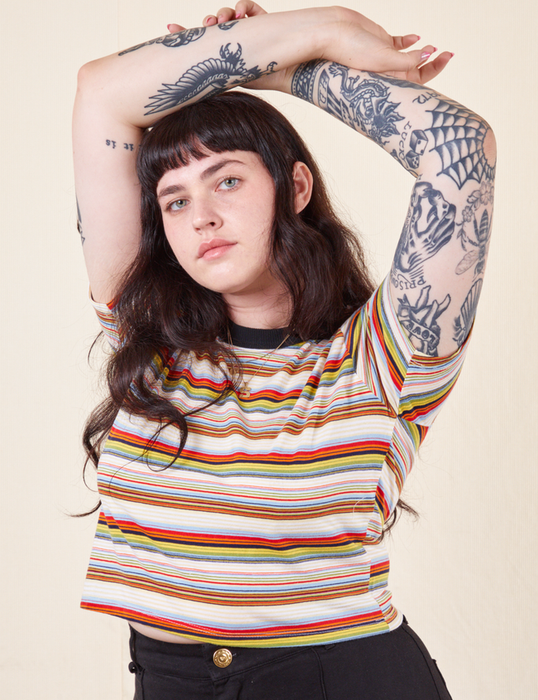 A model pairs the cropped, multi-colored striped t-shirt with a casual and stylish look.