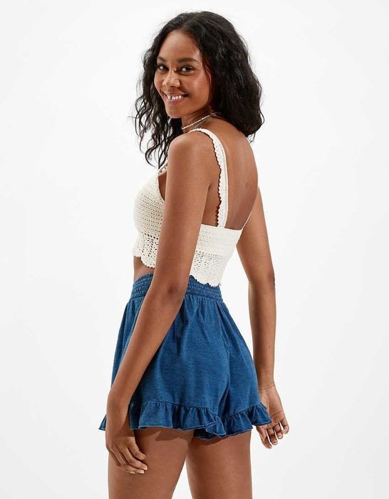 Back view of the same model rocking the ruffle shorts
