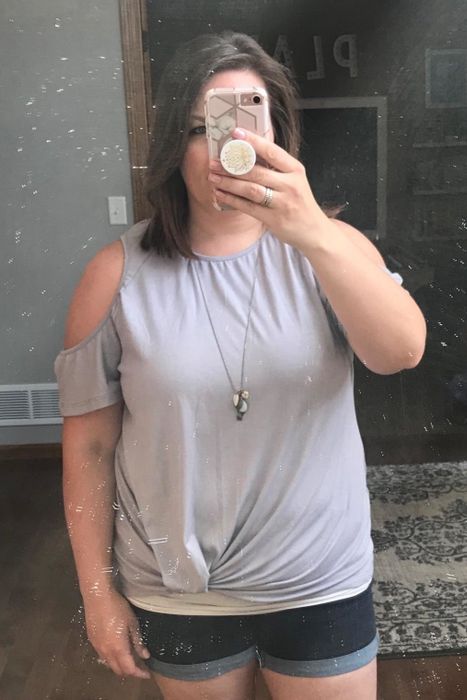 Reviewer sporting the top in a chic gray shade