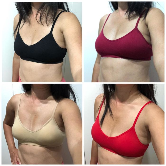 Four photos showcasing the reviewer wearing a padded bralette in black, nude, red, and berry, arranged in a photo grid.