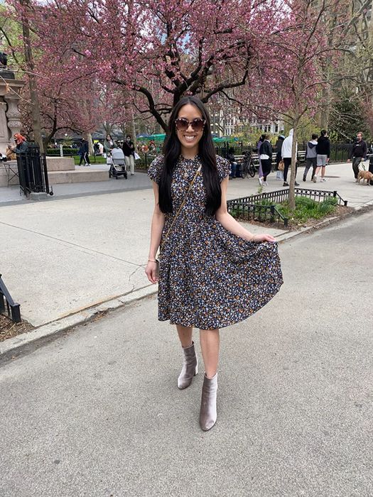 Another reviewer rocks the black version with delicate florals, paired with gray velvet booties for a stylish look.