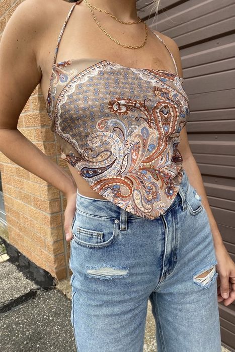 Model rocking the bandana top.