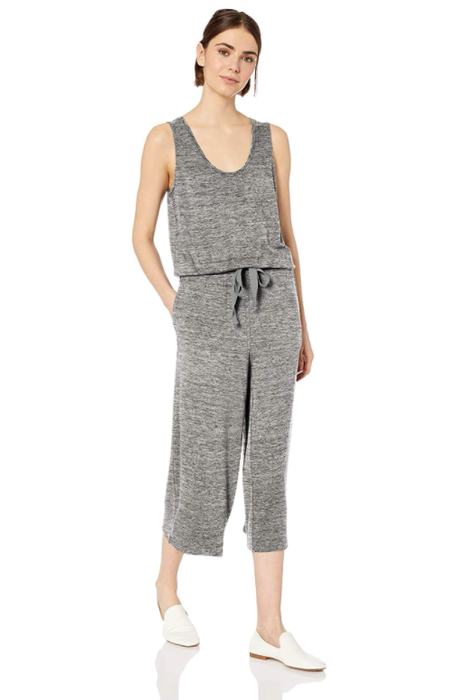A model poses in a heather gray version of the wide-leg jumpsuit.