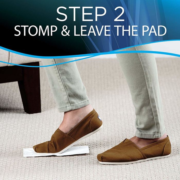 A model illustrates the second step: stomp on the pad and leave it in place to do its work.