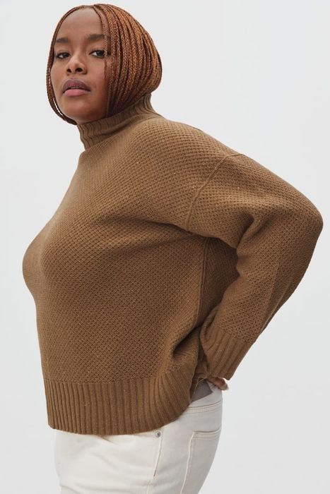 A model showcasing a brown sweater.