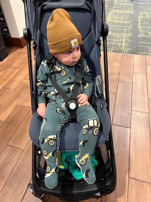 A toddler seated in a Bugaboo stroller