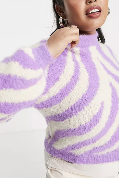 Model wearing the balloon sleeve sweater