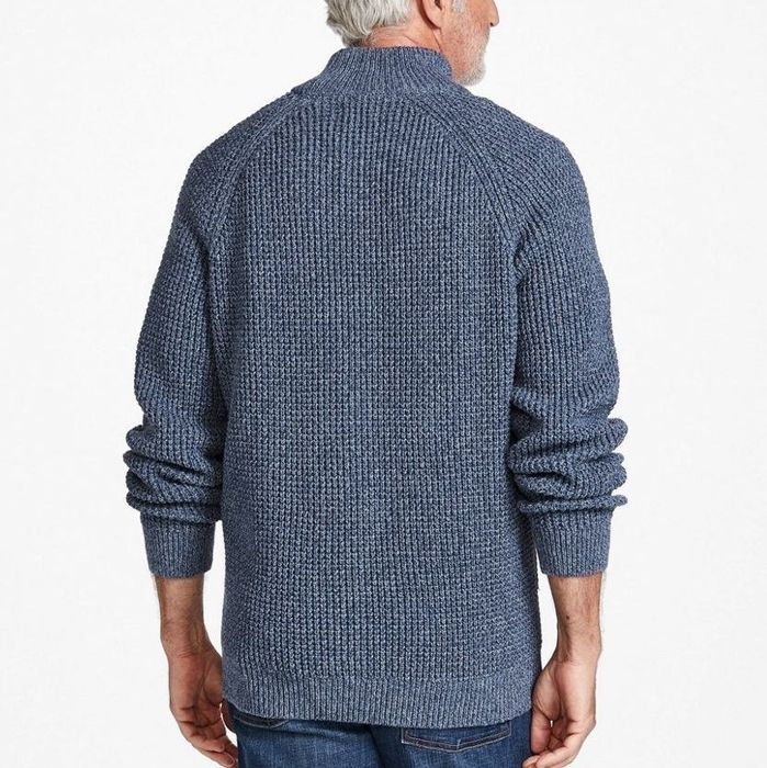 Model showing off the indigo sweater, back view