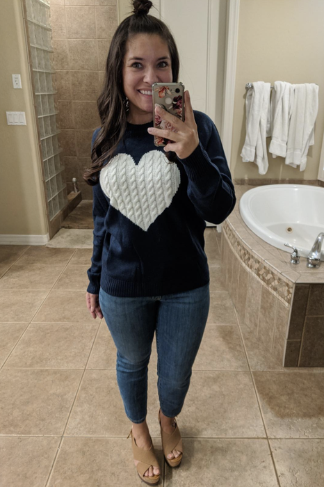 Reviewer sporting the heart sweater