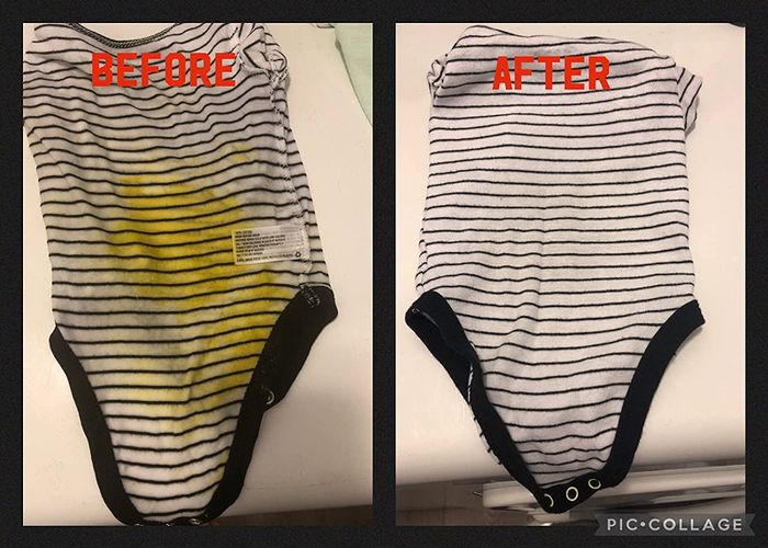 A side-by-side comparison of a onesie covered in poop, and then the same onesie cleaned up and spotless