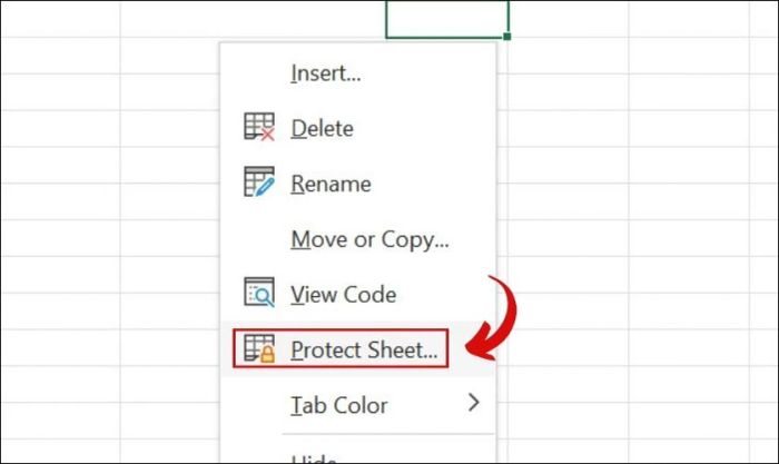 Chọn Protect để khóa sheet