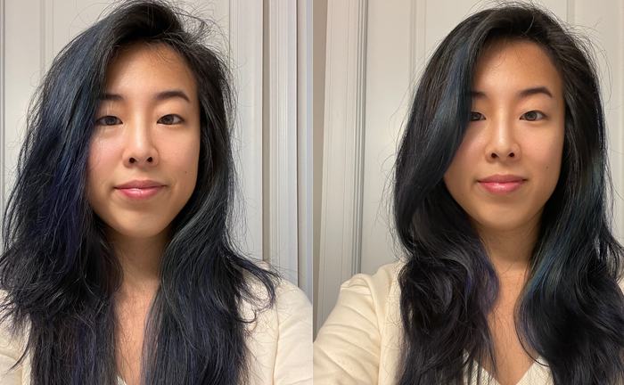 A before-and-after image of a person with long, straight Asian hair—on the left, the hair is dry and frizzy; on the right, it’s smooth, hydrated, and styled with soft waves.