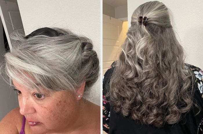 A before-and-after image showing the reviewer’s hair tied up in a heatless curler, followed by their hair down with stunning, bouncy curls.