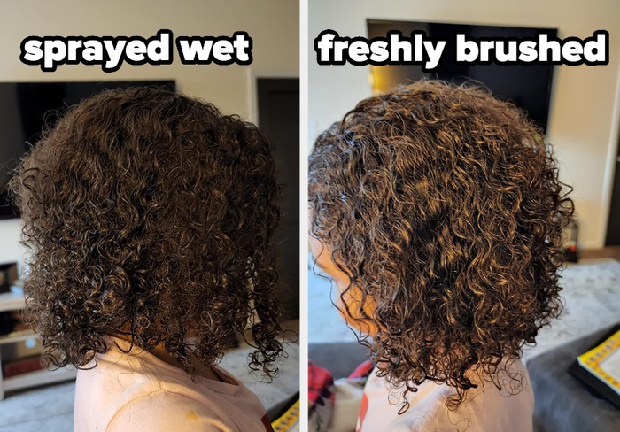 A before/after showing curly hair that has been brushed through