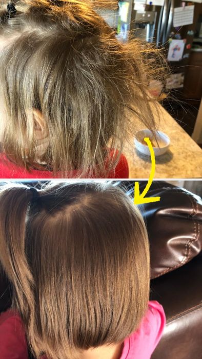 A before/after showing straight hair that’s been brushed through with the brush, eliminating curls