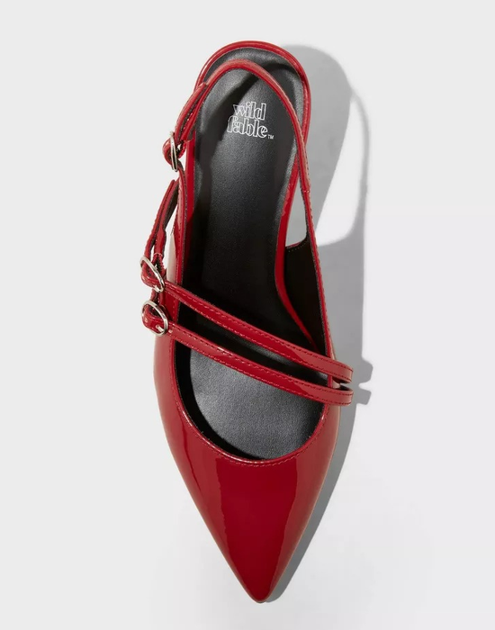 A red pointed-toe high heel with two thin straps across the top