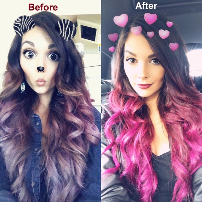 A before and after image of a reviewer with long muted purple hair, which turns into vibrant pink after using Lime Crime hair dye.