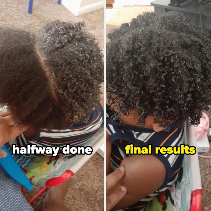 A reviewer demonstrating how the curling gel was applied to their son's hair, showing the results halfway through the process and how it helped define his curls.