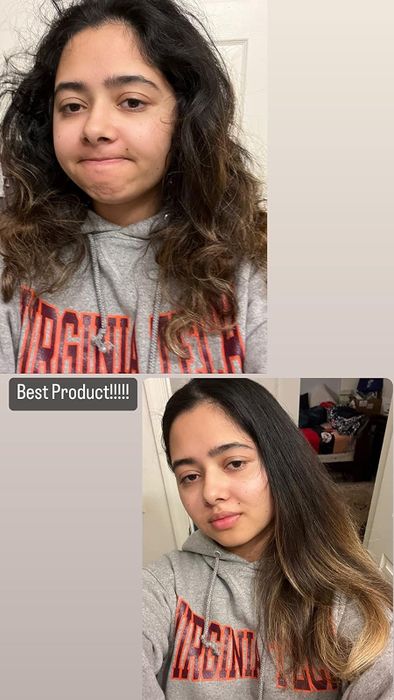 A reviewer shows a before-and-after of styling their hair with the brush, demonstrating how their frizzy, messy hair is transformed into smooth, styled hair.