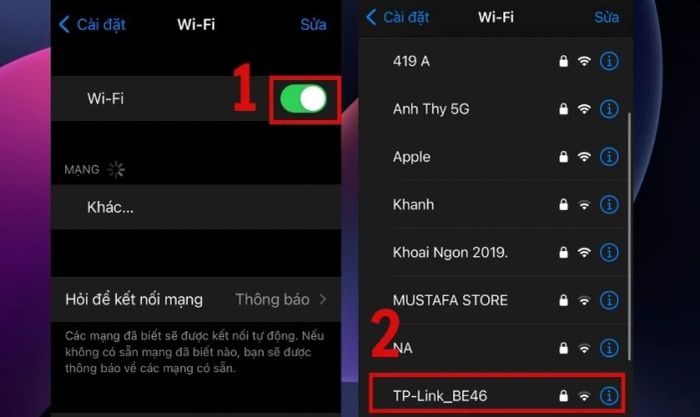 Bật Wifi chế độ ON và chọn mã Tivi cần kết nối