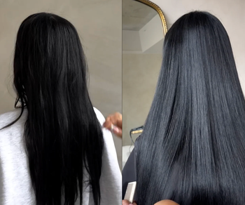 A before-and-after showing a person’s long, straightened hair, comparing its condition before and after using the oil