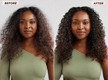 A model with curly hair, before all frizzy and after with well-defined curls