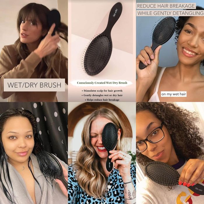 Five models demonstrating the use of a wet/dry hairbrush for detangling and minimizing breakage