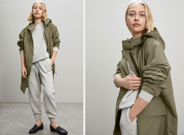 A collection of images showing a model wearing the green anorak, showcasing both front and side views.