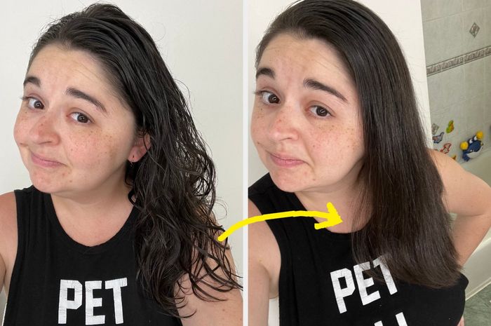 On the left: a Mytour editor's wet curly hair, on the right: the same editor's straightened hair