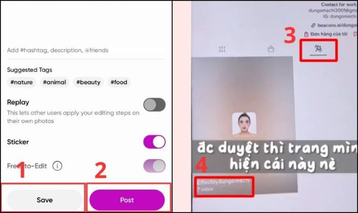 Điền các hashtag, mô tả rồi nhấn Lưu/Save