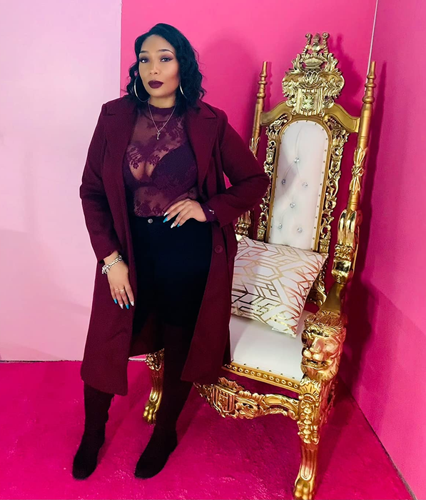 Another reviewer wearing the peacoat in a deep wine red.
