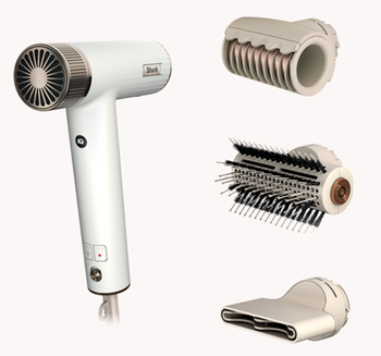 The blow dryer along with its three interchangeable attachments.