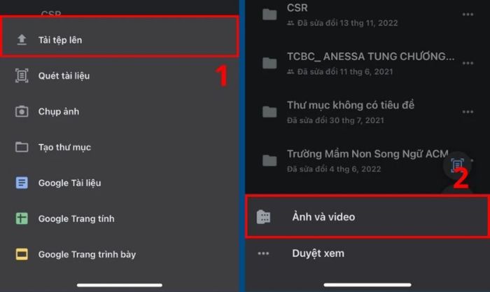Nhấn vào mục Ảnh và video để tải ảnh lên Google Drive