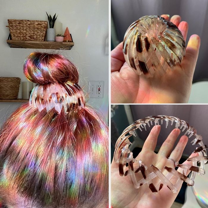 A reviewer demonstrates how the clip looks when closed and expanded, and also shows how it holds their bun in place.