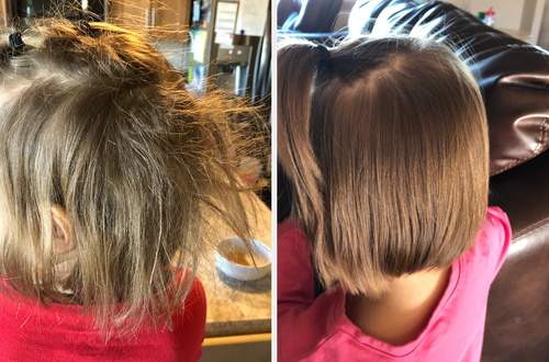 A reviewer's child before with hair sticking up and after with much smoother hair