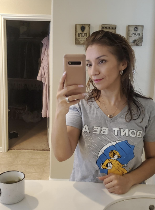 A reviewer's before shot with wet hair