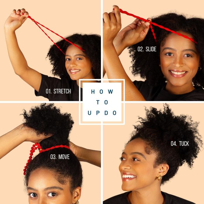 Step-by-step instructions demonstrating how to wear and adjust the Bunzee band to secure a puff hairstyle.