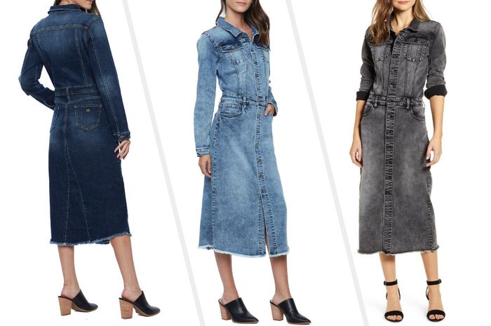 Three images of models showcasing dark blue, light blue, and black midi dresses