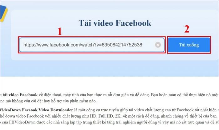 Dán link video Facebook muốn tải vào ô và chọn Tải xuống để tiến hành tải.