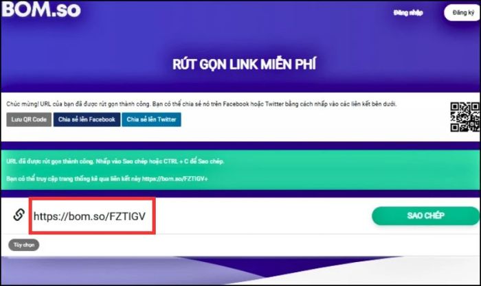 Bom.so sẽ cung cấp một link rút gọn như hình dưới đây