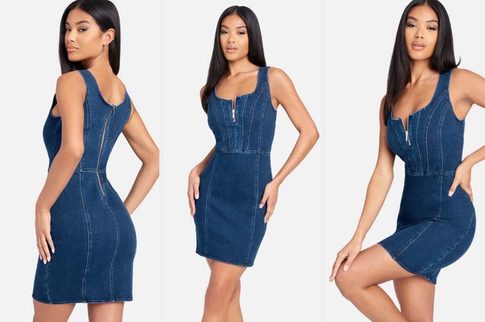 Three photos of a model wearing a blue mini dress