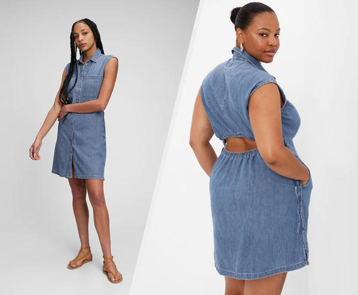 Two images of models wearing blue mini dresses