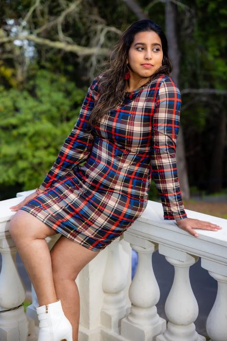 A reviewer is seen wearing the blue, black, and red plaid dress.