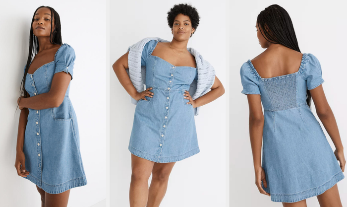 Three photos of models wearing a blue denim puff sleeve dress