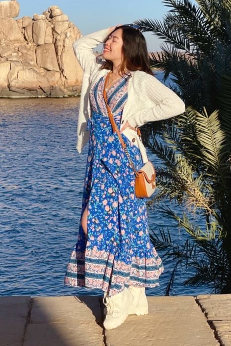 A reviewer wearing the dress in Egypt